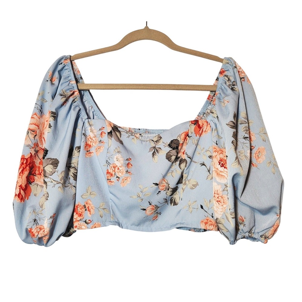 SHEIN Womens Blue Floral Sweetheart Neck Smocked Crop Top Puff Sleeve‎ Sz Medium